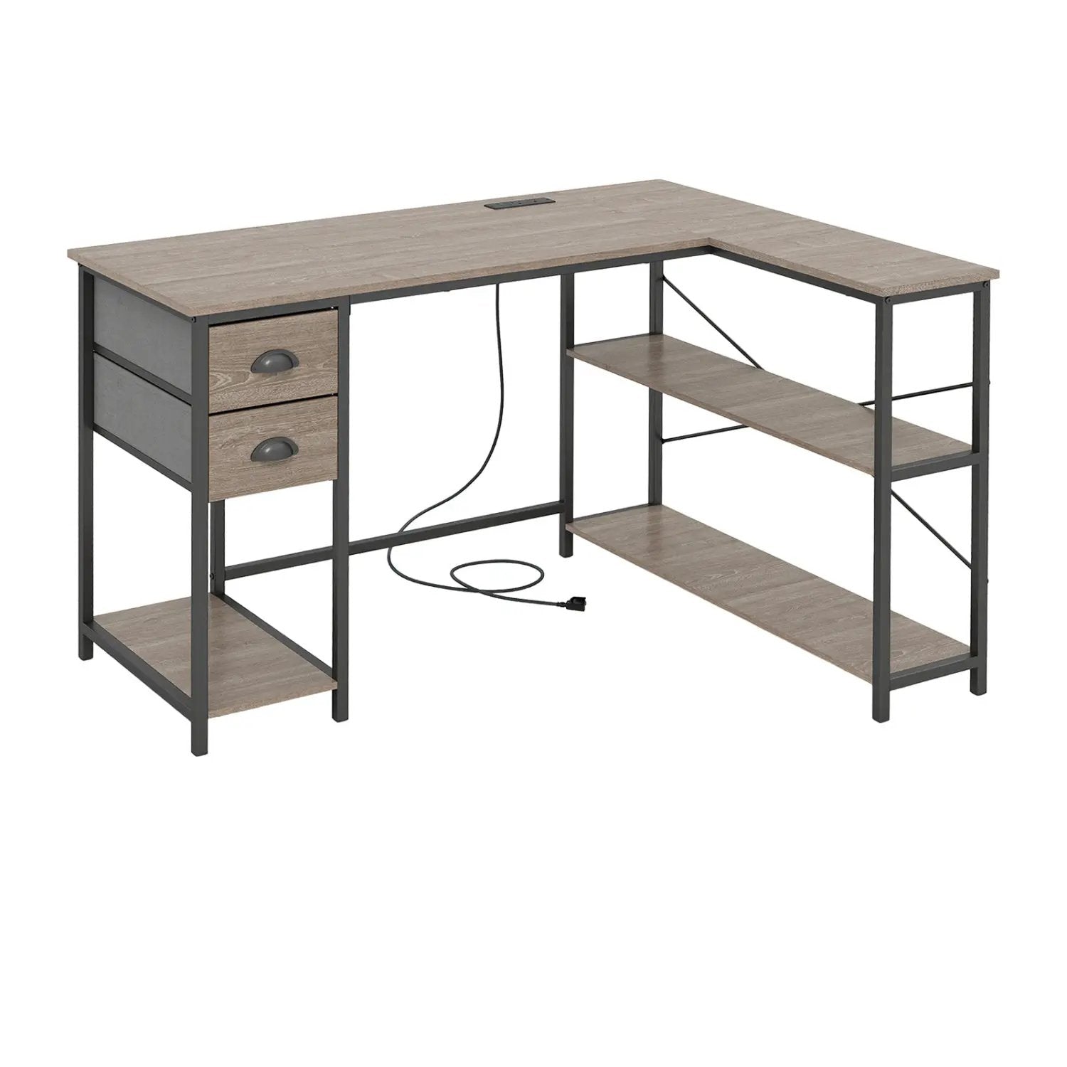 L Shaped Desk with Charging Station Corner Computer Desk with 2 Fabric Drawers by DirectDeals