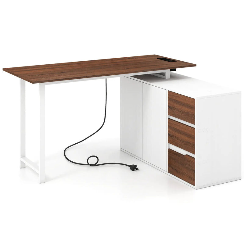 L-Shaped Desk with File Cabinet and Power Outlet Reversible Corner Computer Desk by DirectDeals