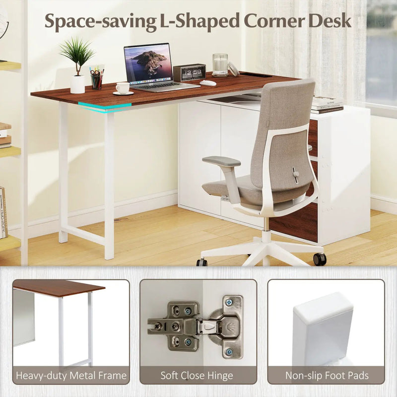 L-Shaped Desk with File Cabinet and Power Outlet Reversible Corner Computer Desk by DirectDeals
