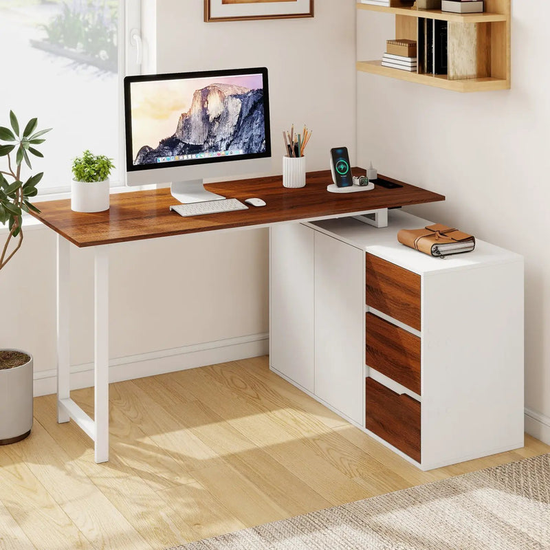 L-Shaped Desk with File Cabinet and Power Outlet Reversible Corner Computer Desk by DirectDeals