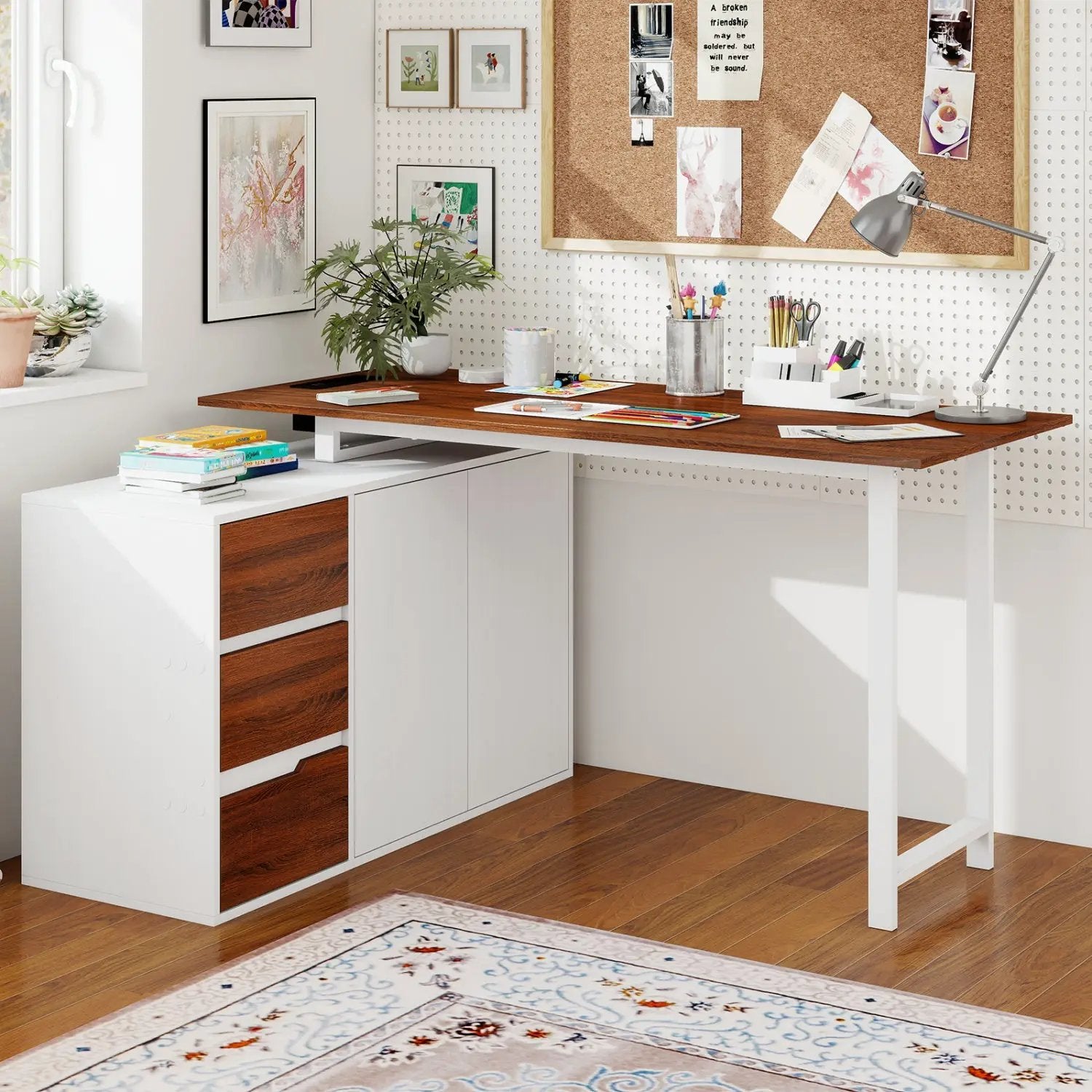 L-Shaped Desk with File Cabinet and Power Outlet Reversible Corner Computer Desk by DirectDeals