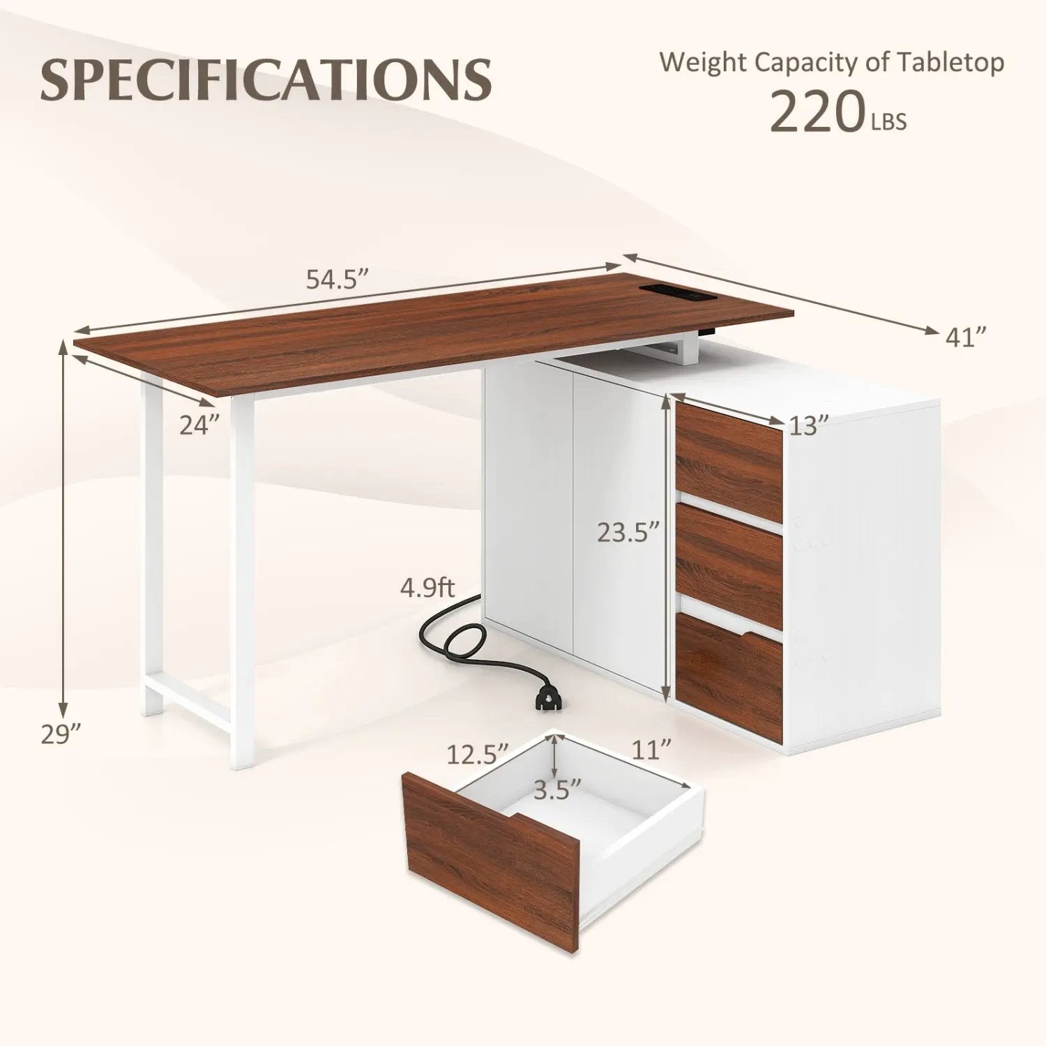 L-Shaped Desk with File Cabinet and Power Outlet Reversible Corner Computer Desk by DirectDeals