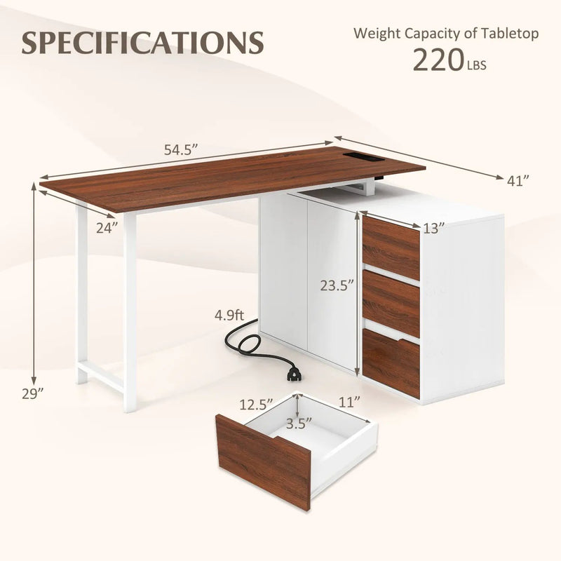 L-Shaped Desk with File Cabinet and Power Outlet Reversible Corner Computer Desk by DirectDeals