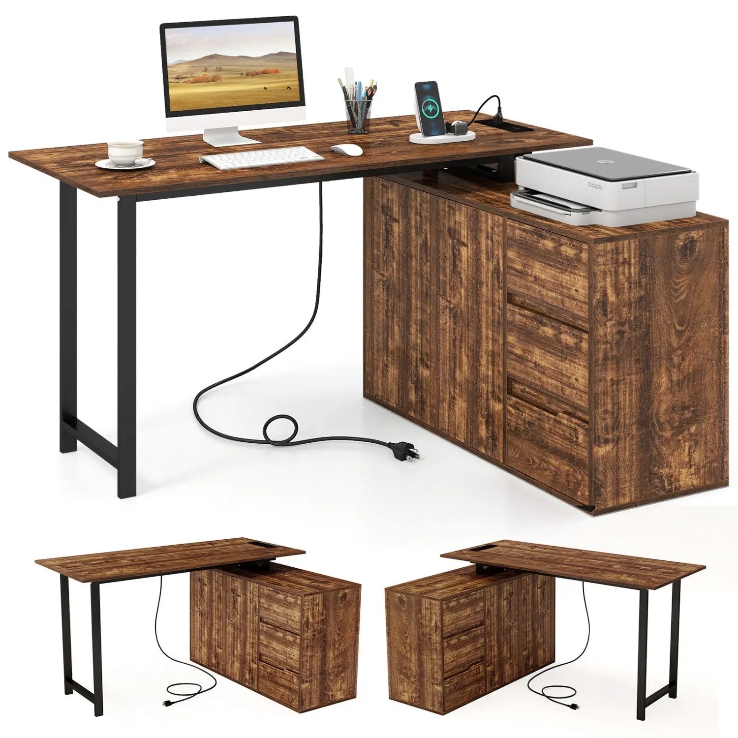 L-Shaped Desk with File Cabinet and Power Outlet Reversible Corner Computer Desk by DirectDeals