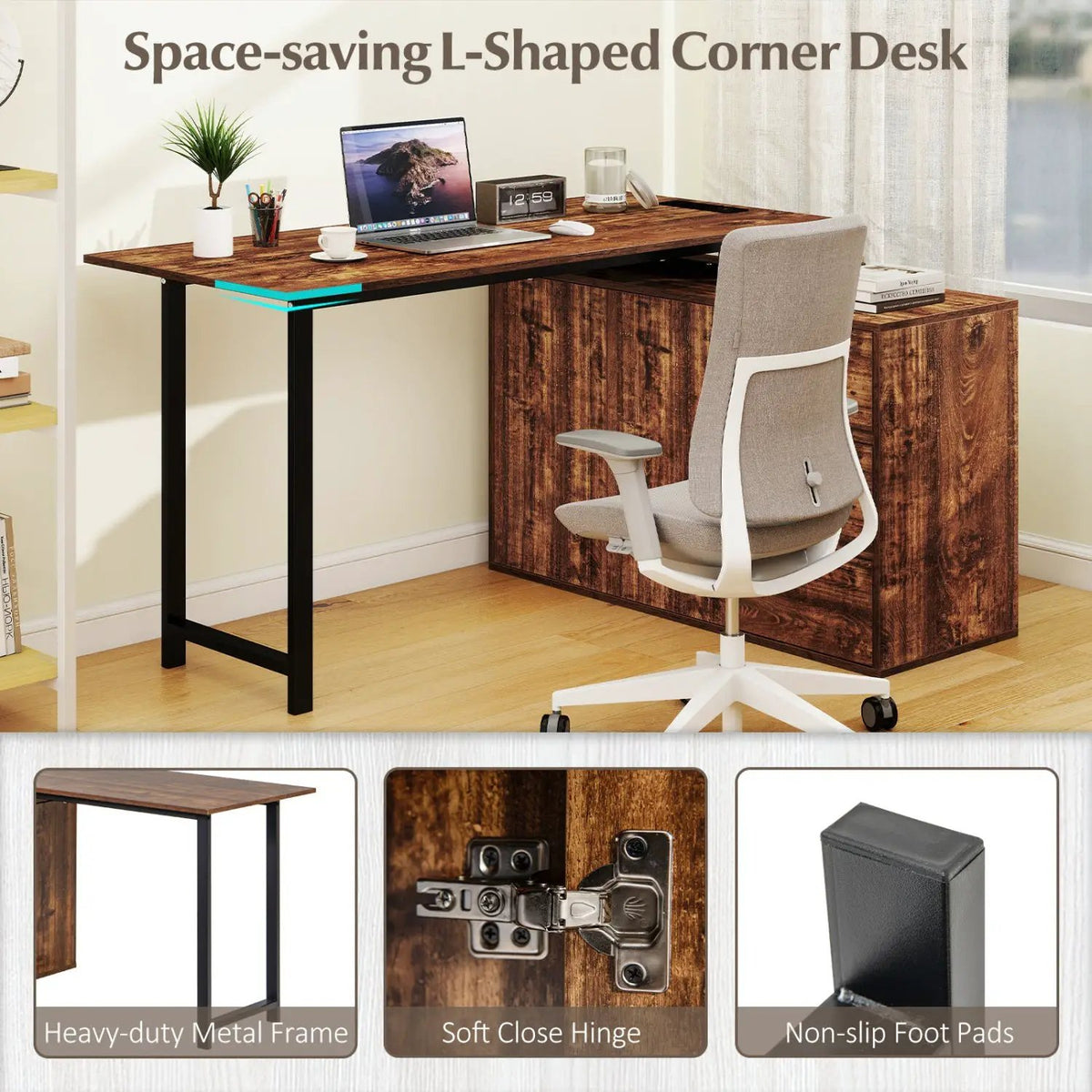 L-Shaped Desk with File Cabinet and Power Outlet Reversible Corner Computer Desk, photo 14 of 16