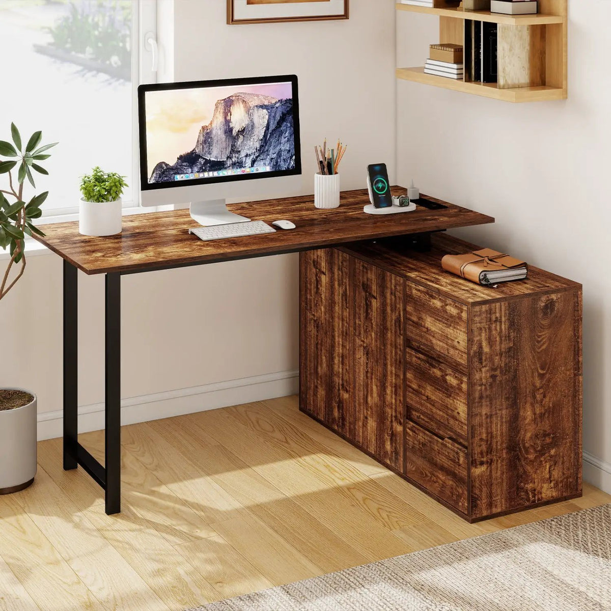 L-Shaped Desk with File Cabinet and Power Outlet Reversible Corner Computer Desk, photo 10 of 16