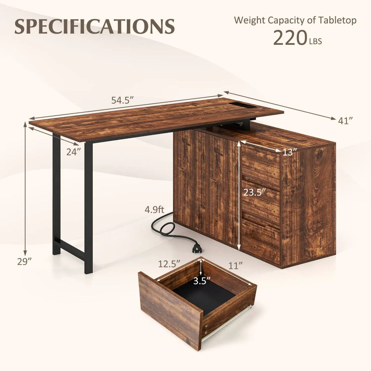 L-Shaped Desk with File Cabinet and Power Outlet Reversible Corner Computer Desk, photo 12 of 16