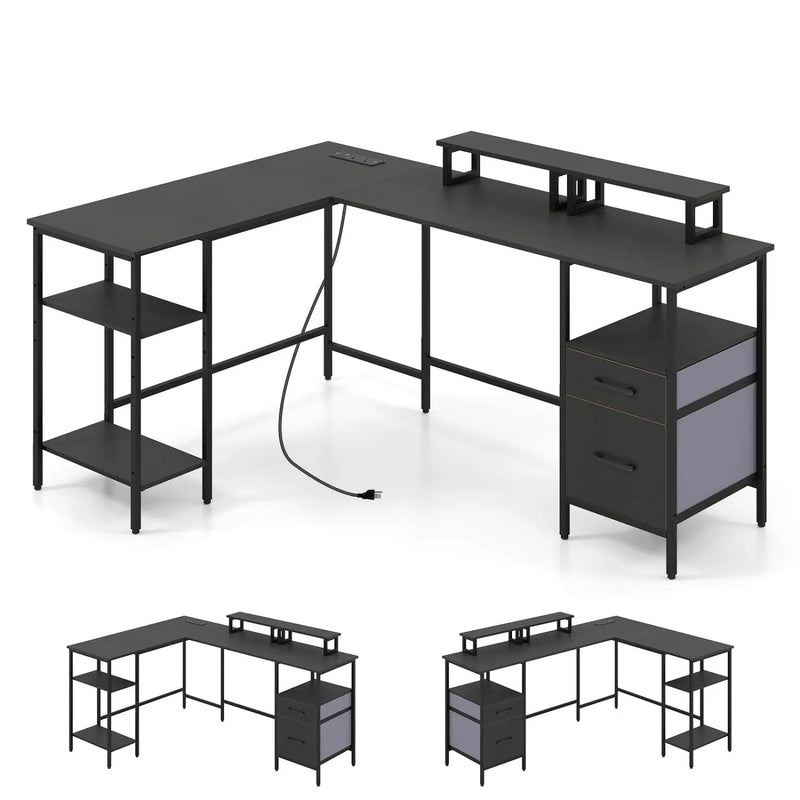 L Shaped Desk with Power Outlet Reversible Computer Desk with Monitor Stands by DirectDeals