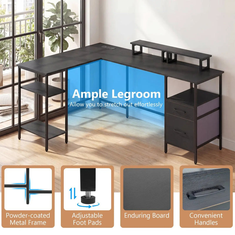 L Shaped Desk with Power Outlet Reversible Computer Desk with Monitor Stands by DirectDeals
