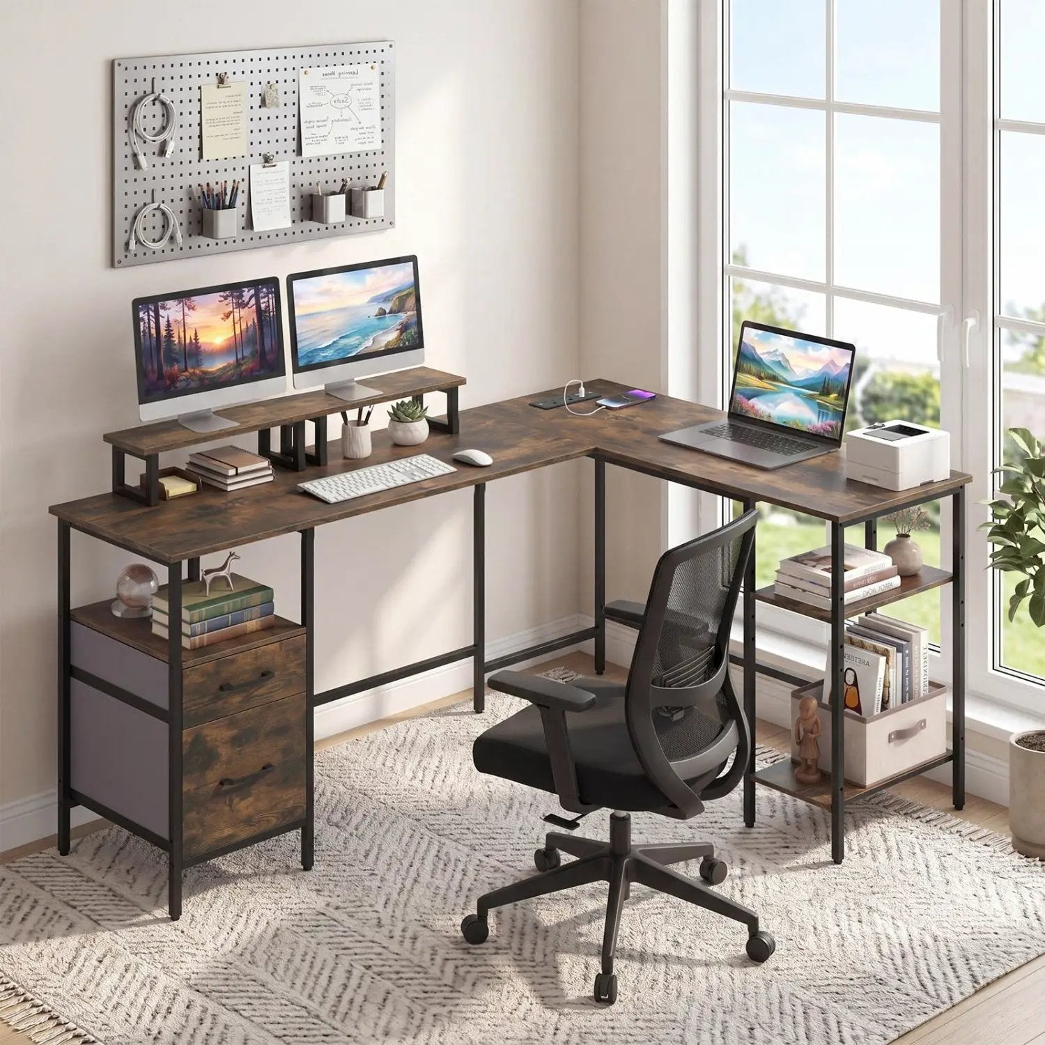 L-Shaped Desk with Power Outlet and Monitor Stands by DirectDeals