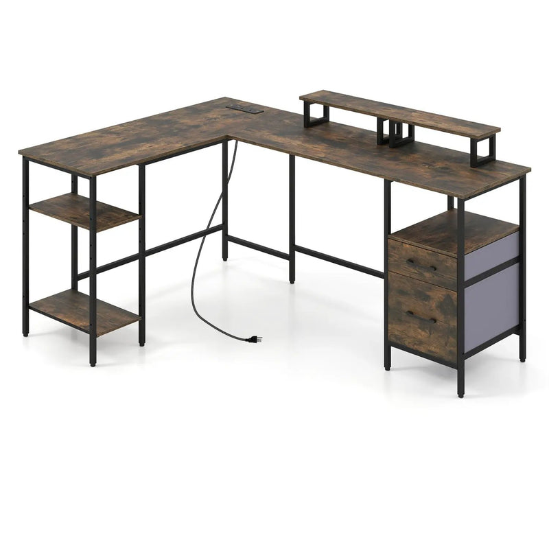 L-Shaped Desk with Power Outlet and Monitor Stands by DirectDeals