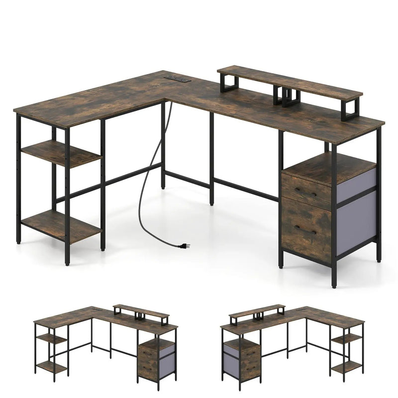 L-Shaped Desk with Power Outlet and Monitor Stands by DirectDeals