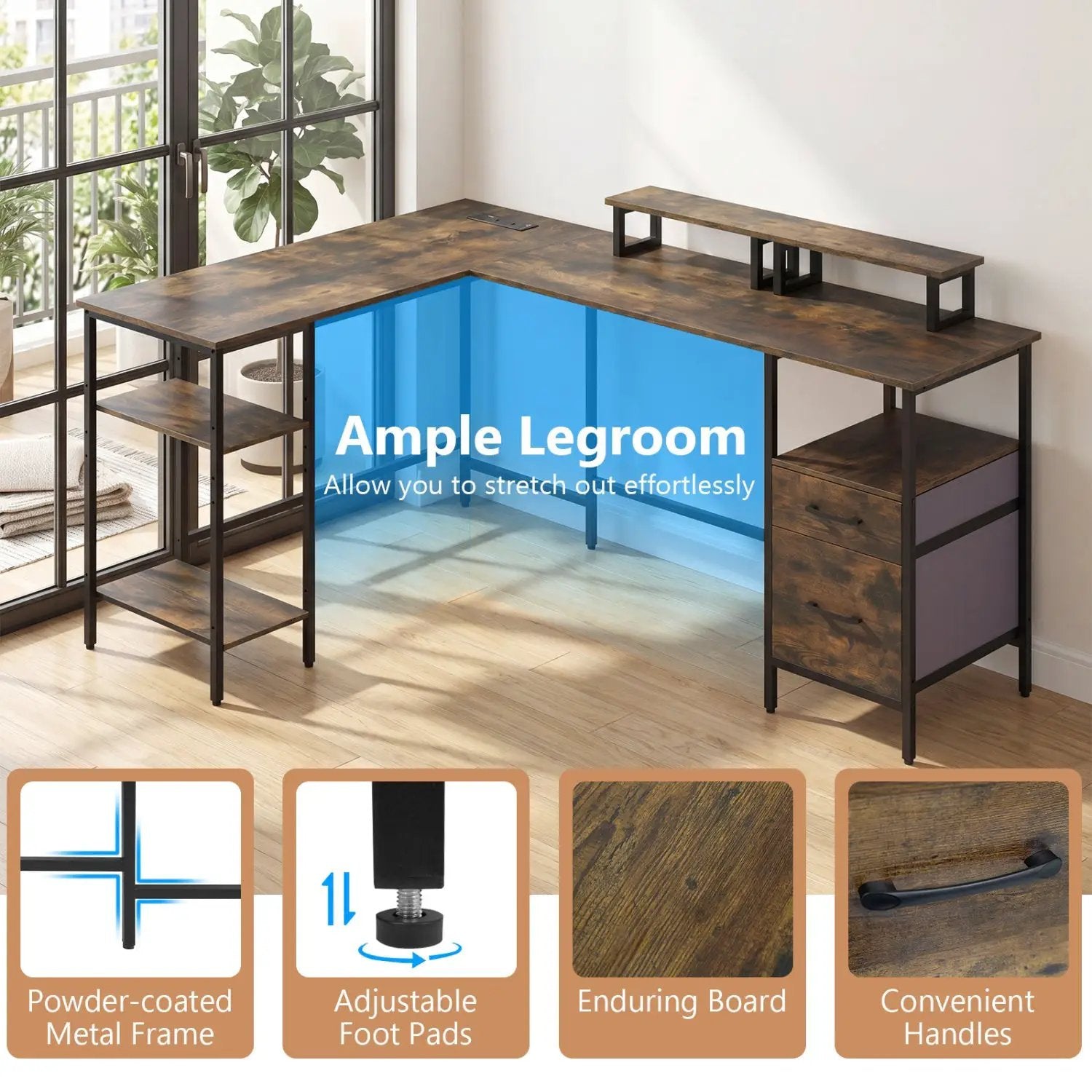 L-Shaped Desk with Power Outlet and Monitor Stands by DirectDeals