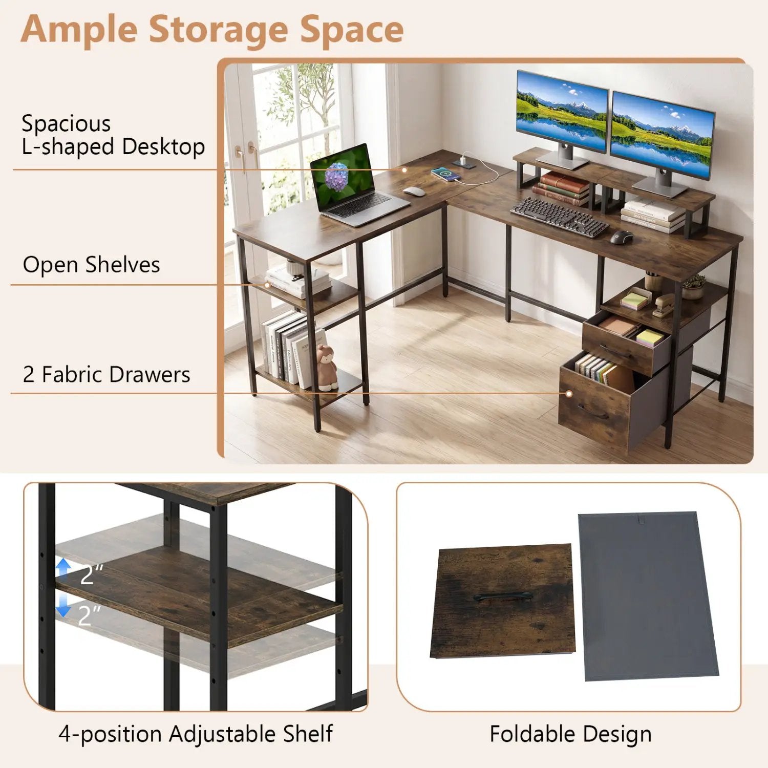 L-Shaped Desk with Power Outlet and Monitor Stands by DirectDeals