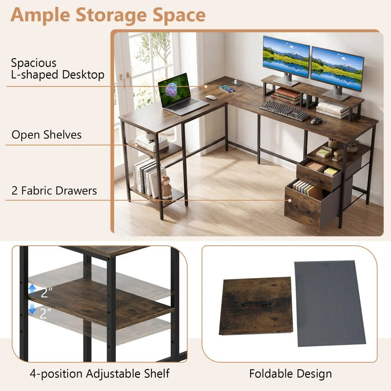 L-Shaped Desk with Power Outlet and Monitor Stands by DirectDeals