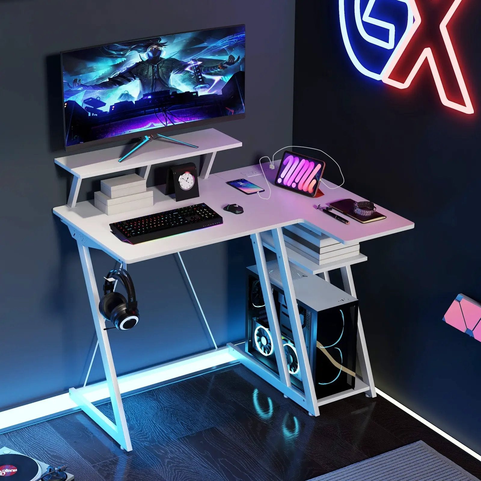 L Shaped Gaming Desk with Outlets and USB Ports by DirectDeals