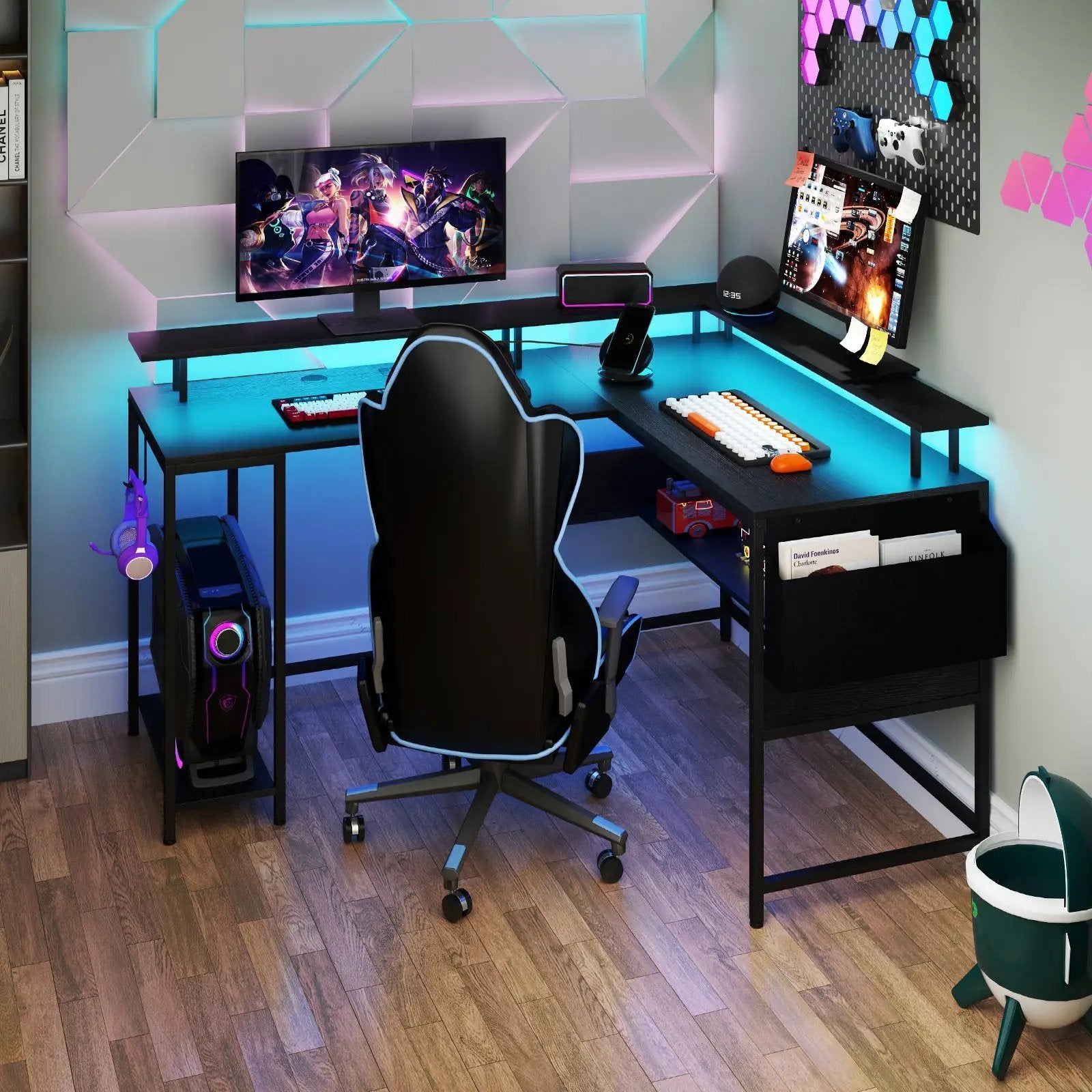L-Shaped Gaming Desk with LED Lights and Power Outlets Home Office Computer Desk by DirectDeals