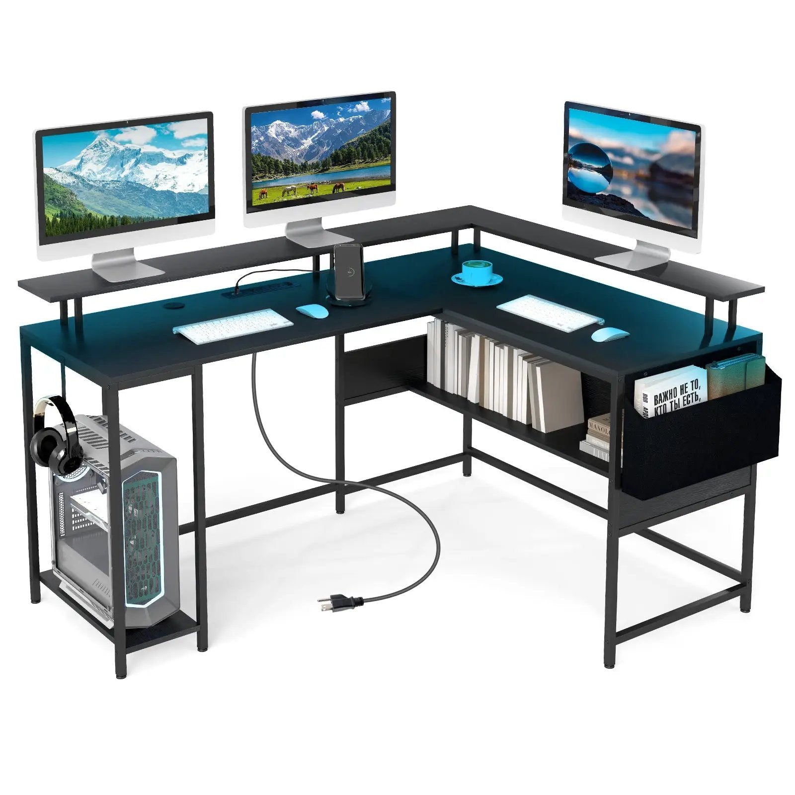 L-Shaped Gaming Desk with LED Lights and Power Outlets Home Office Computer Desk by DirectDeals