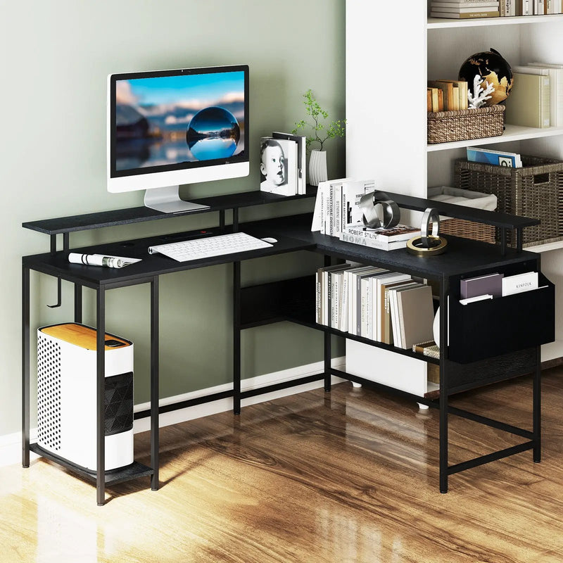 L-Shaped Gaming Desk with LED Lights and Power Outlets Home Office Computer Desk by DirectDeals