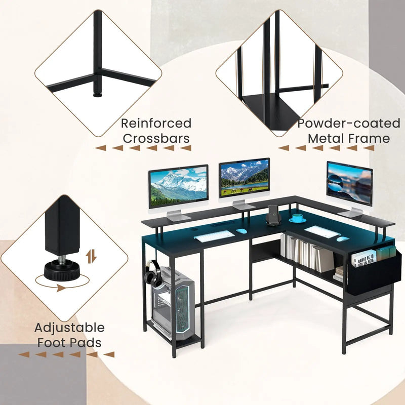 L-Shaped Gaming Desk with LED Lights and Power Outlets Home Office Computer Desk by DirectDeals