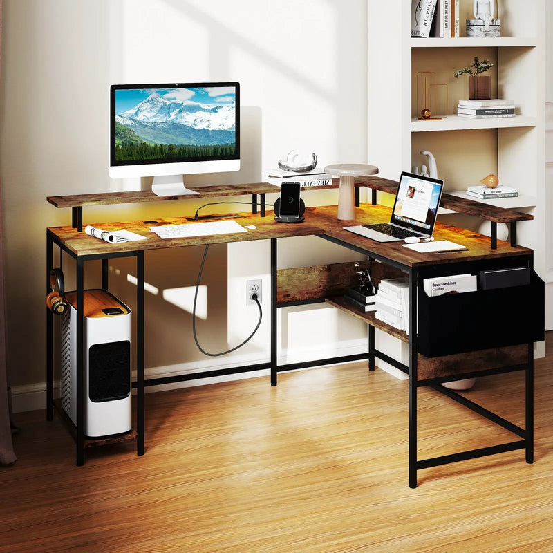 L-Shaped Gaming Desk with LED Lights and Power Outlets Home Office Computer Desk by DirectDeals