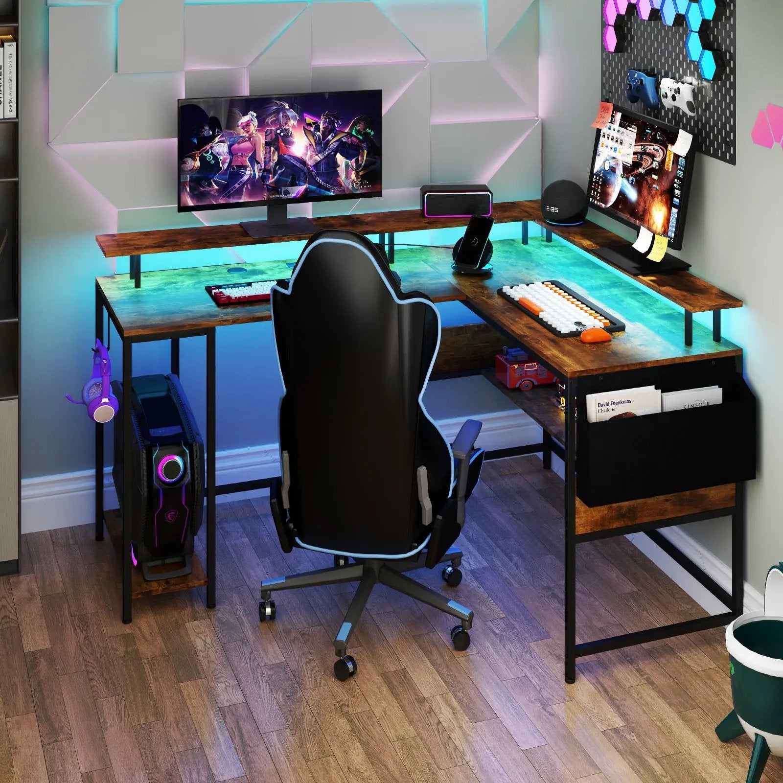 L-Shaped Gaming Desk with LED Lights and Power Outlets Home Office Computer Desk by DirectDeals