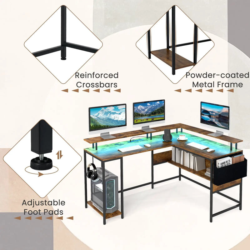 L-Shaped Gaming Desk with LED Lights and Power Outlets Home Office Computer Desk by DirectDeals