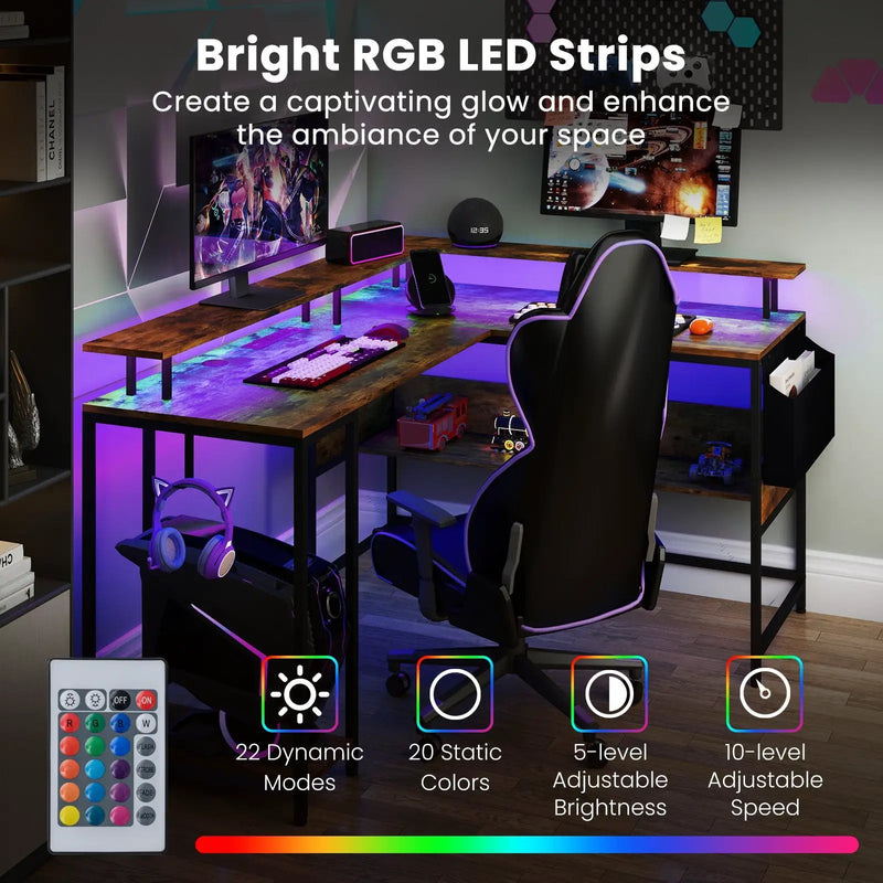 L-Shaped Gaming Desk with LED Lights and Power Outlets Home Office Computer Desk by DirectDeals