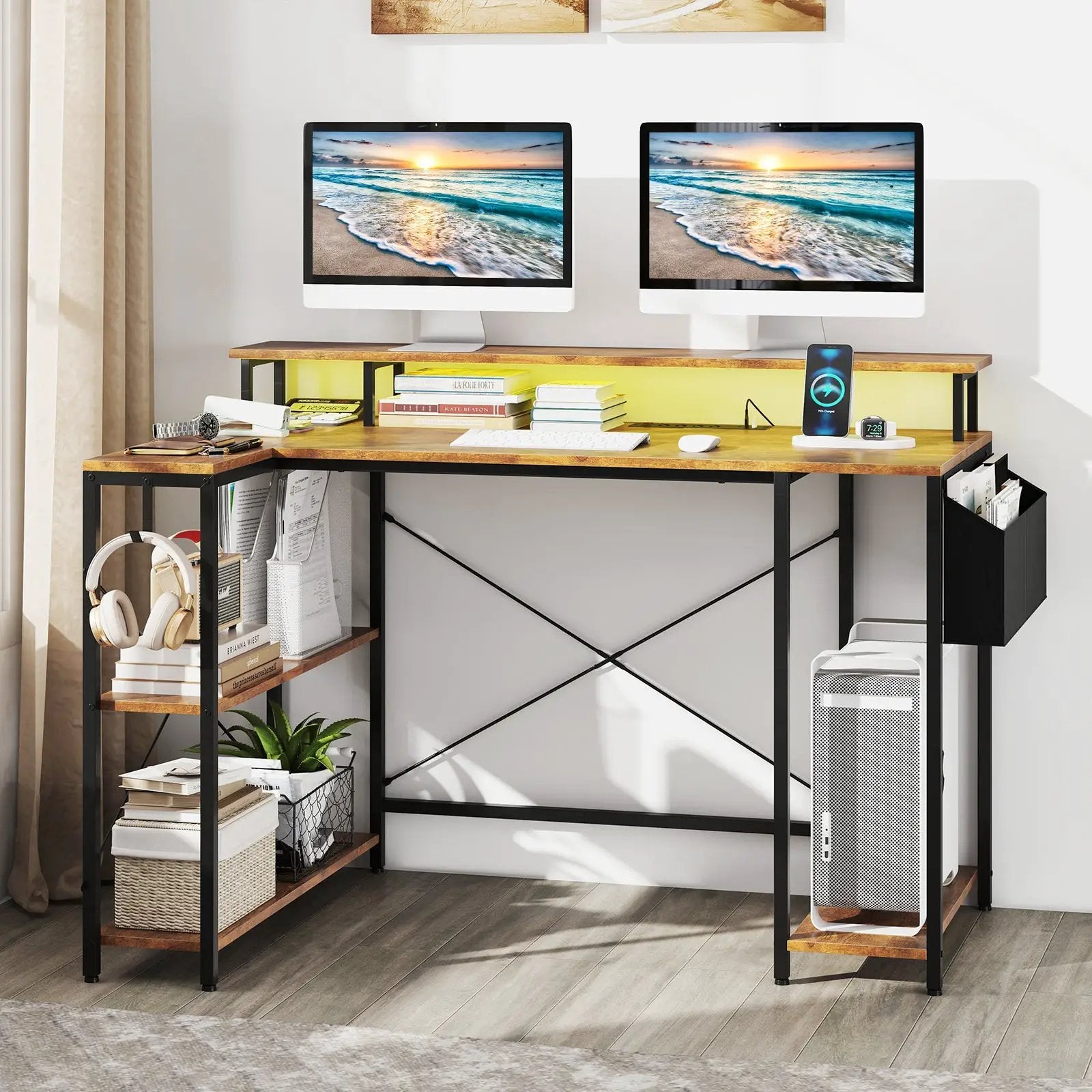L-Shaped Gaming Desk with LED Lights and Power Outlets by DirectDeals