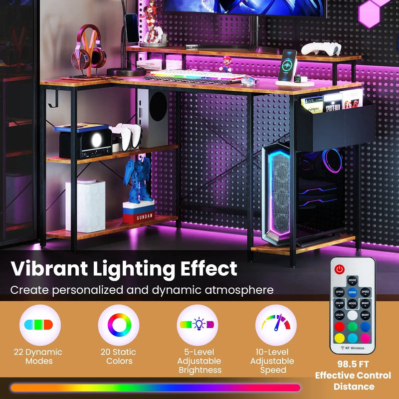 L-Shaped Gaming Desk with LED Lights and Power Outlets by DirectDeals