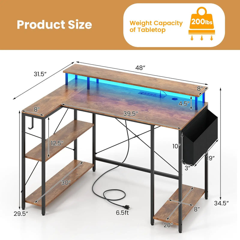 L-Shaped Gaming Desk with LED Lights and Power Outlets by DirectDeals