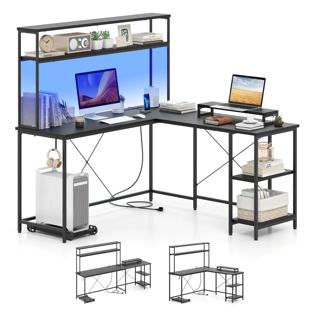 L-Shaped Reversible Gaming Desk with LED Strip and Power Outlets Hutch Monitor Stand, photo 9 of 10