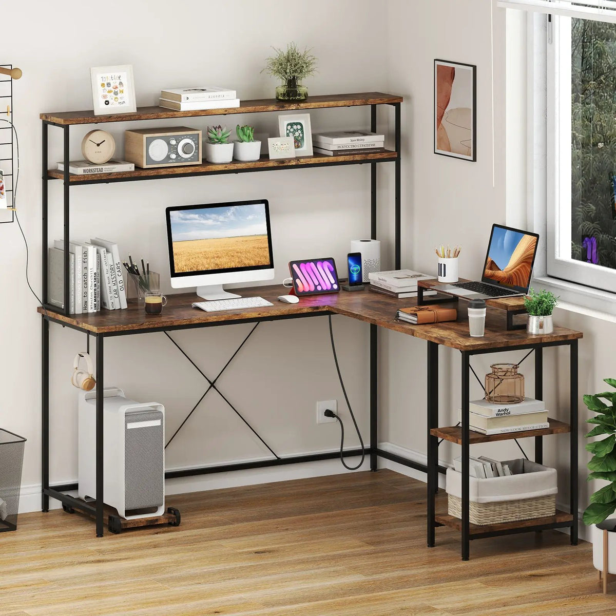L-Shaped Reversible Gaming Desk with LED Strip and Power Outlets Hutch Monitor Stand