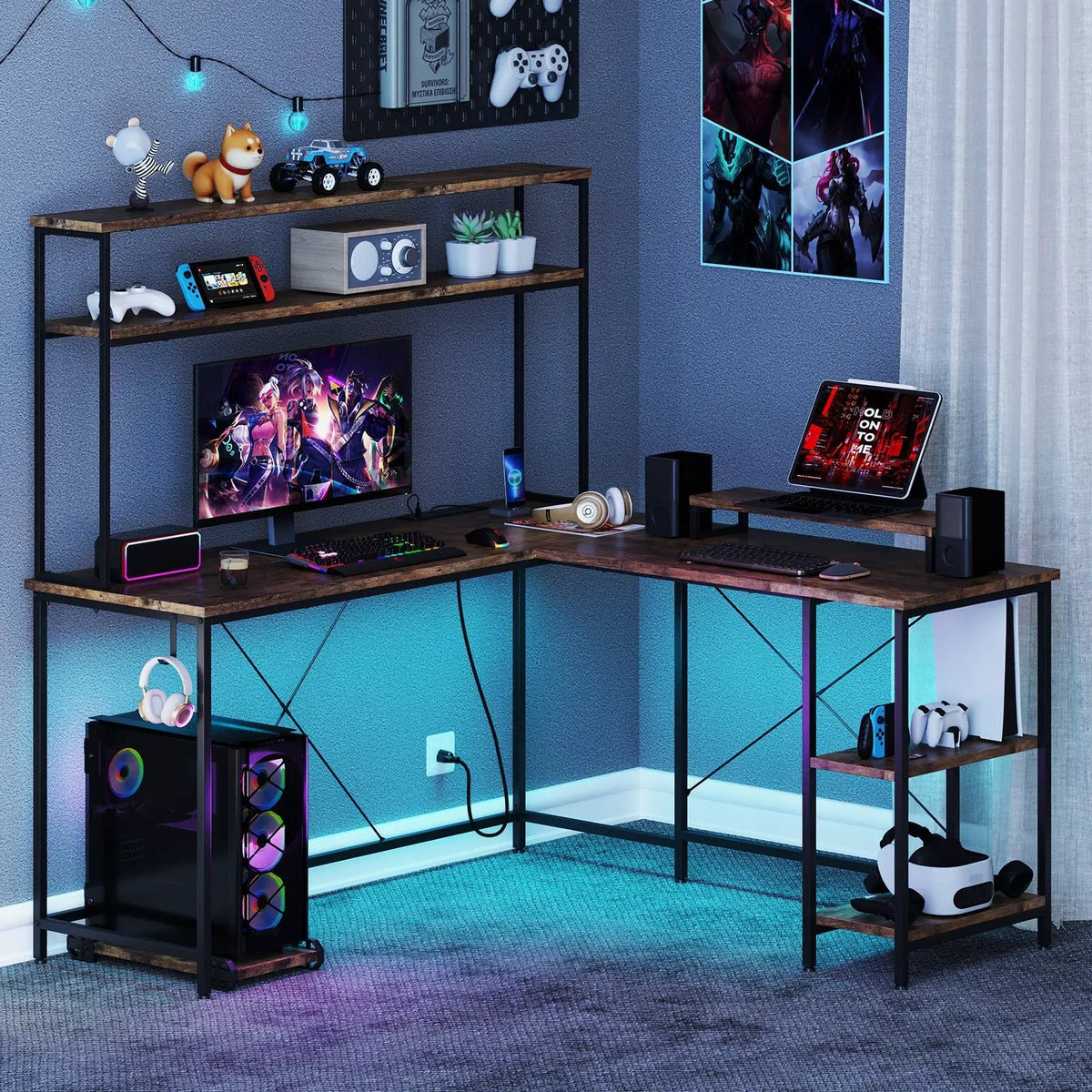 L-Shaped Reversible Gaming Desk with LED Strip and Power Outlets Hutch Monitor Stand, photo 2 of 10