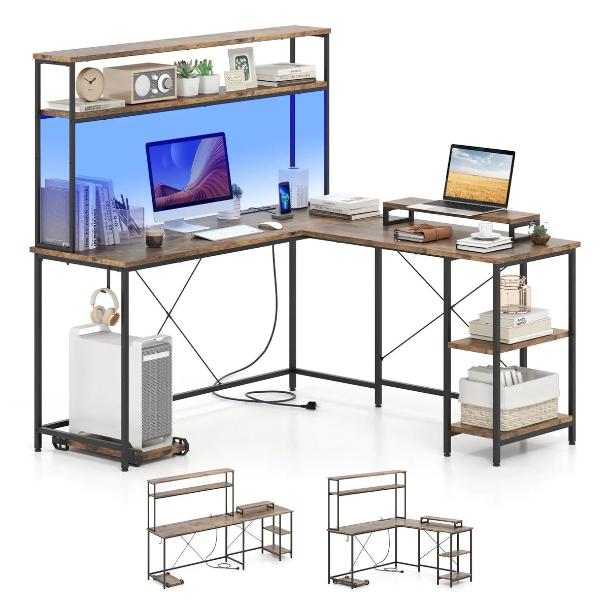 L-Shaped Reversible Gaming Desk with LED Strip and Power Outlets Hutch Monitor Stand, photo 3 of 10