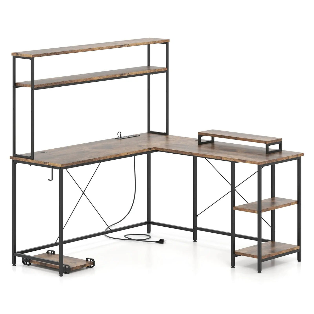 L-Shaped Reversible Gaming Desk with LED Strip and Power Outlets Hutch Monitor Stand, photo 4 of 10