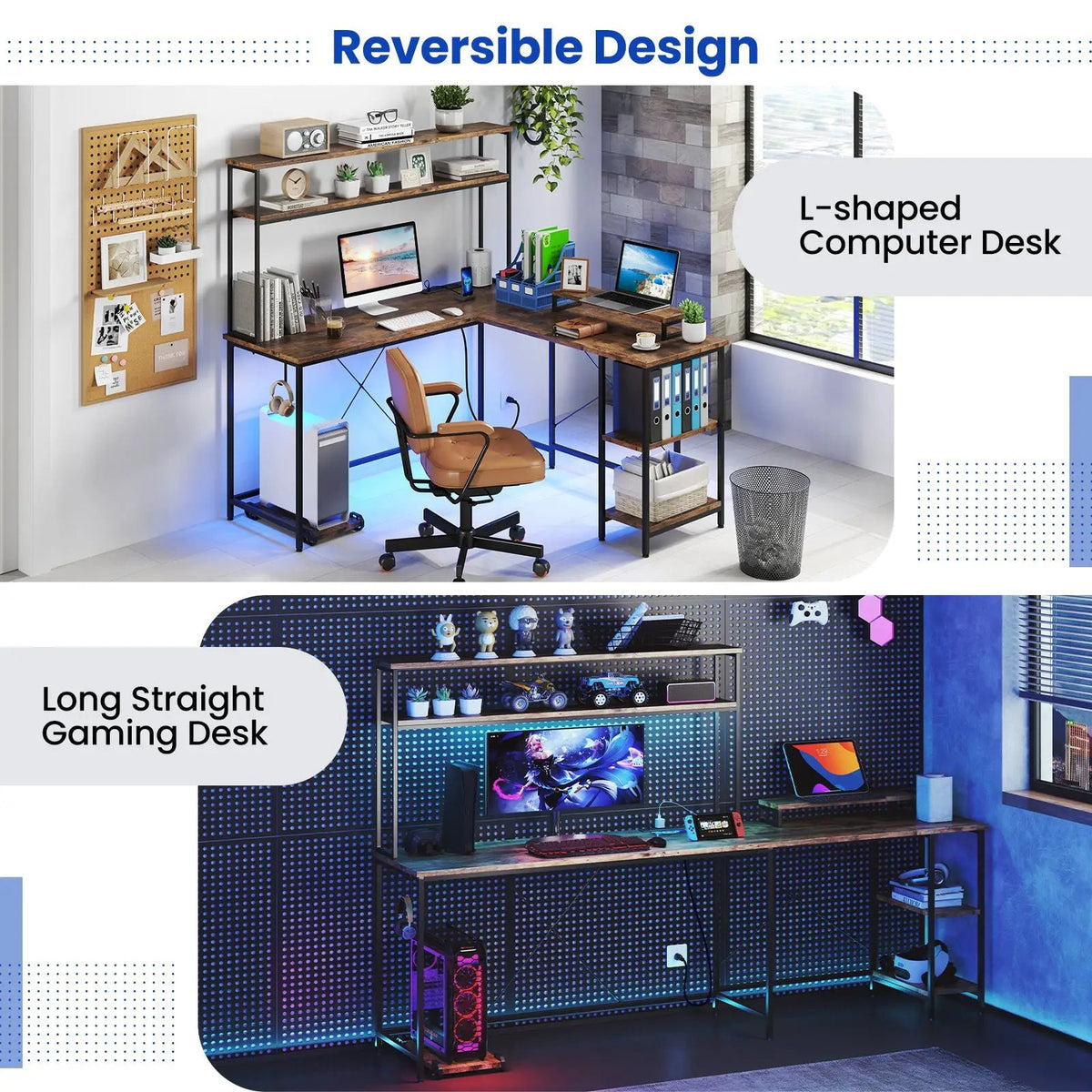 L-Shaped Reversible Gaming Desk with LED Strip and Power Outlets Hutch Monitor Stand, photo 7 of 10