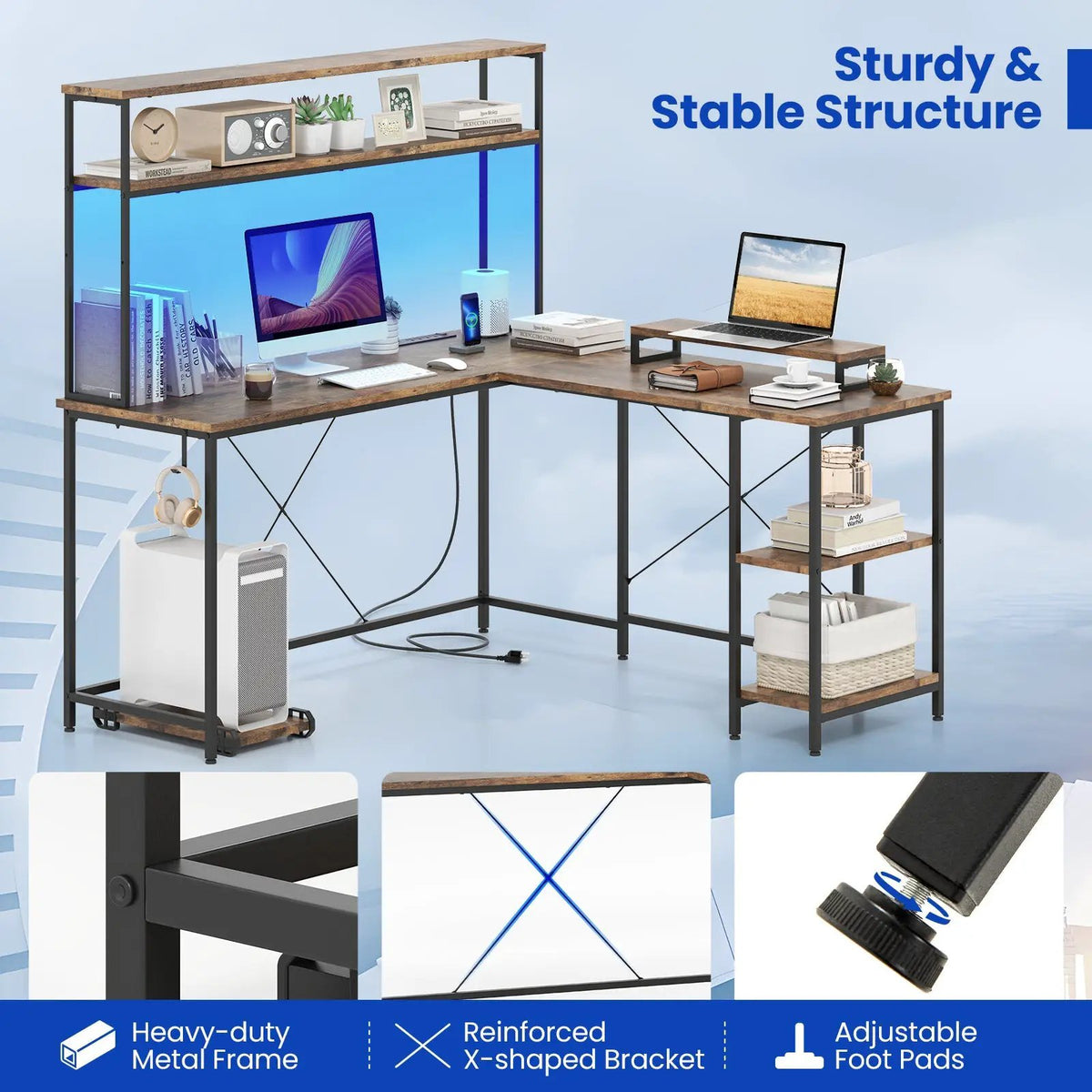 L-Shaped Reversible Gaming Desk with LED Strip and Power Outlets Hutch Monitor Stand, photo 8 of 10