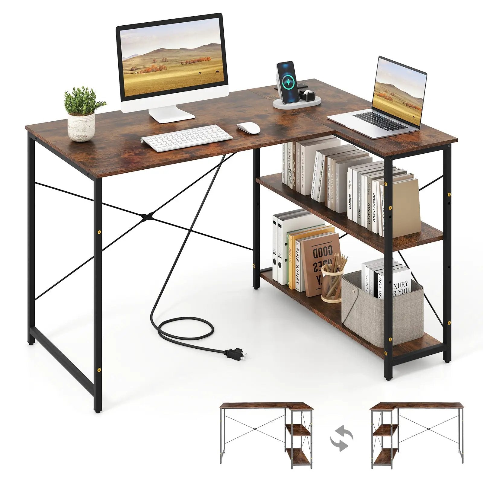 L-shaped 47 Inch Reversible Corner Desk with Adjustable Storage Shelves by DirectDeals