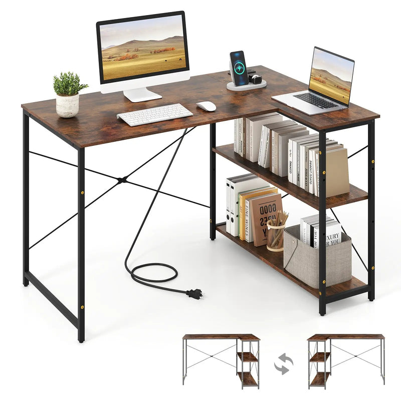 L-shaped 47 Inch Reversible Corner Desk with Adjustable Storage Shelves by DirectDeals