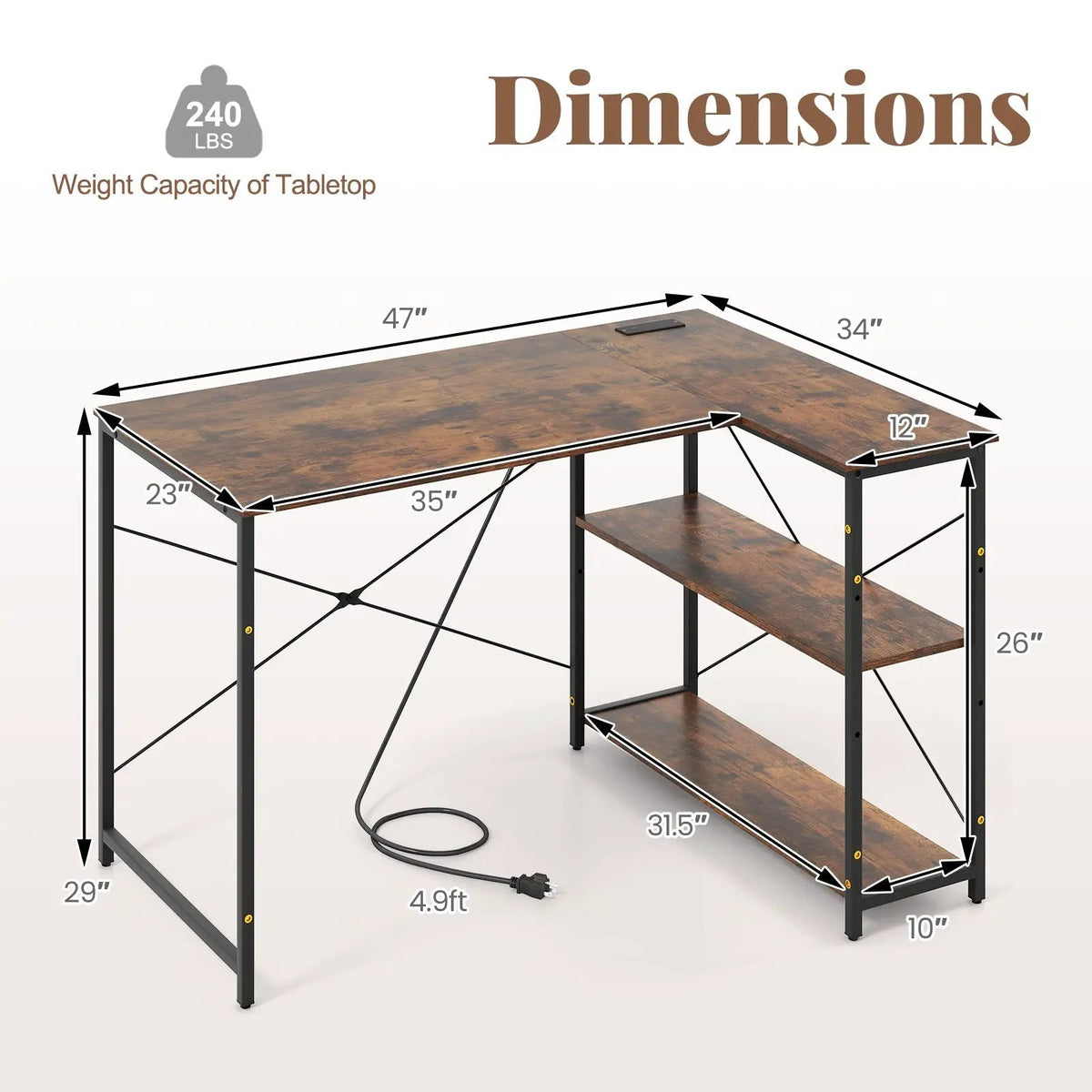 L-shaped 47 Inch Reversible Corner Desk with Adjustable Storage Shelves, photo 5 of 11