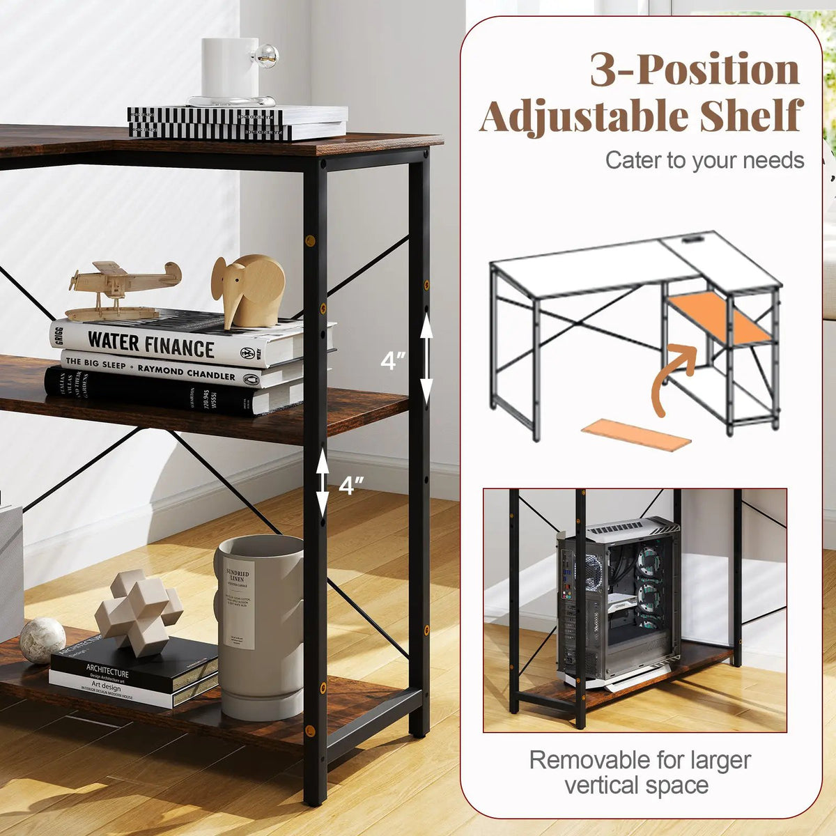 L-shaped 47 Inch Reversible Corner Desk with Adjustable Storage Shelves, photo 8 of 11