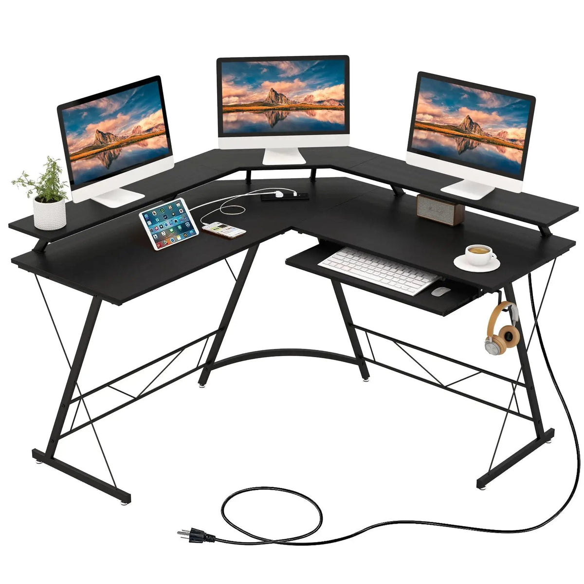 L-shaped Computer Desk with Power Outlet and Monitor Stand, photo 3 of 9