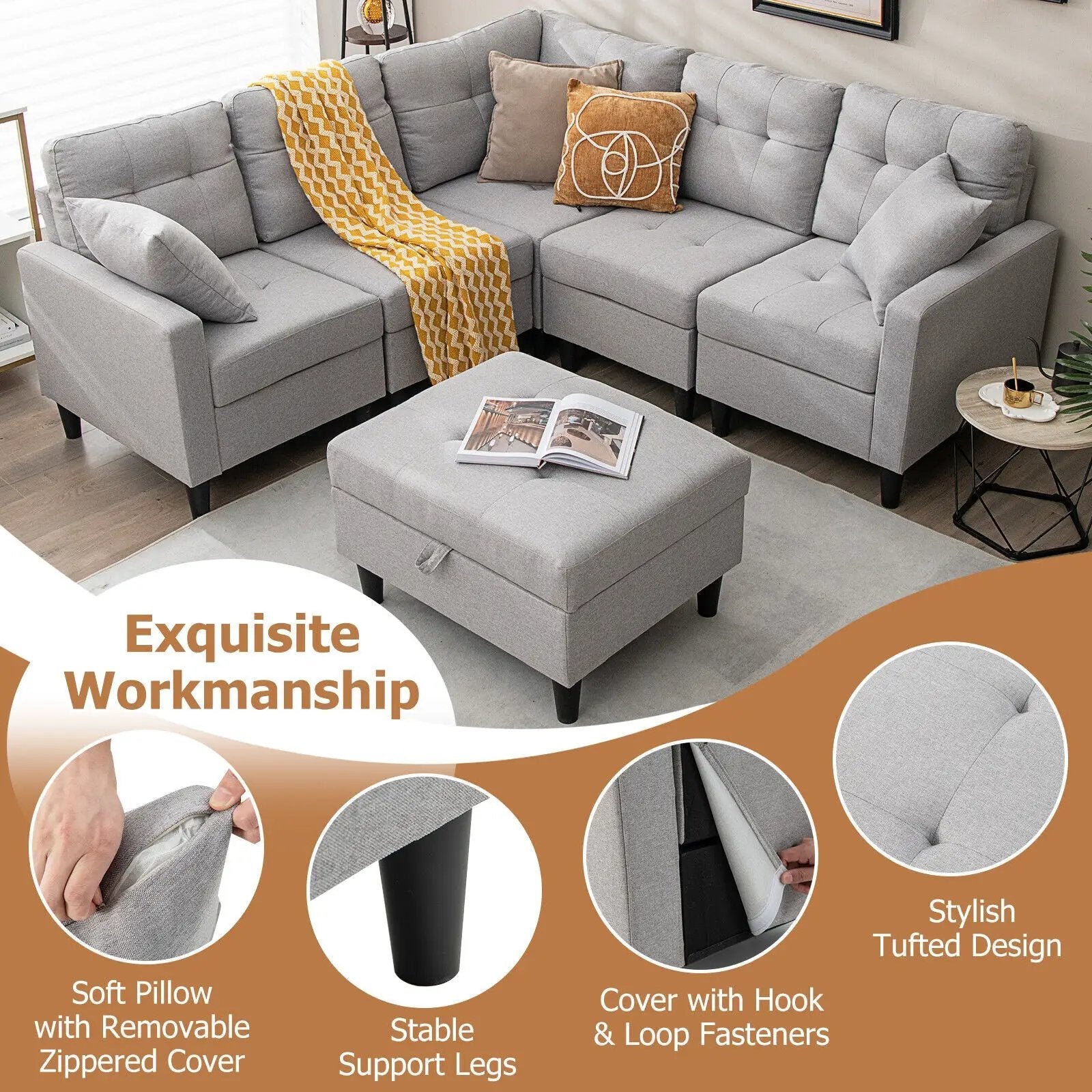 L-shaped Sectional Corner Sofa Set with Storage Ottoman by DirectDeals