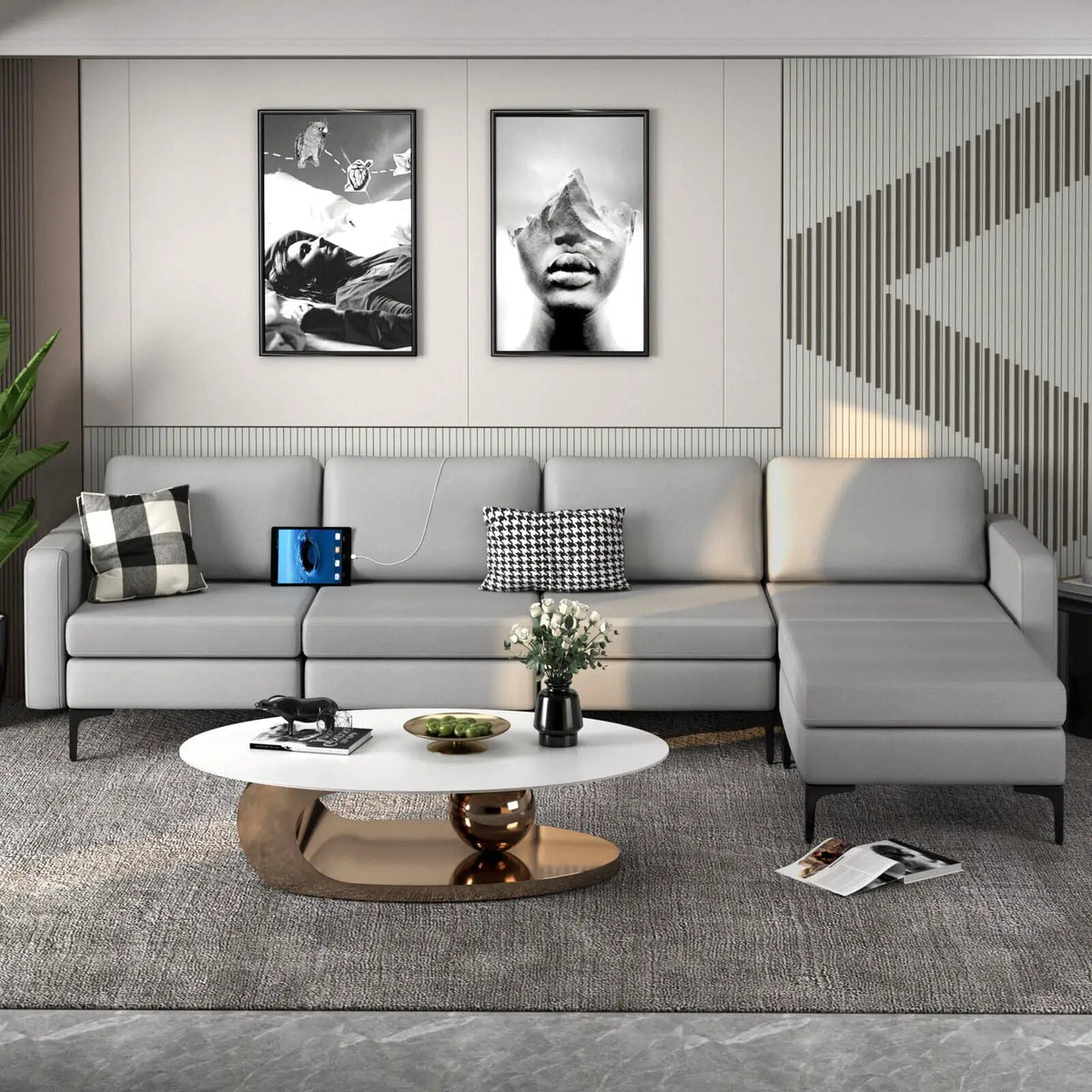 Modular L-shaped Sectional Sofa with Reversible Ottoman and 2 USB Ports, photo 4 of 40