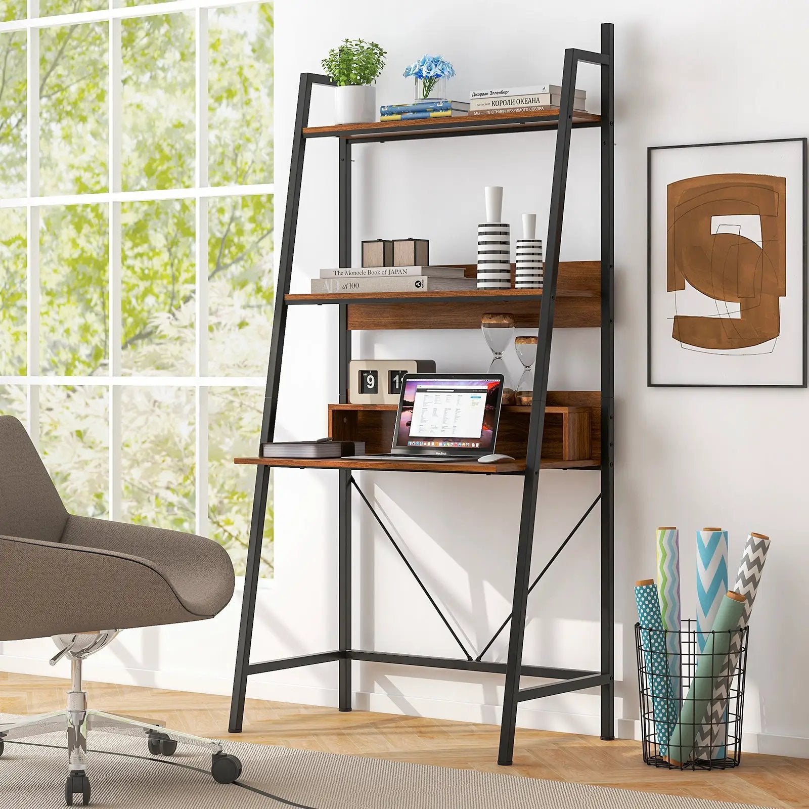 71” High Freestanding Laptop Desk with Open Shelves for Living Room Bedroom Study-Brown by DirectDeals