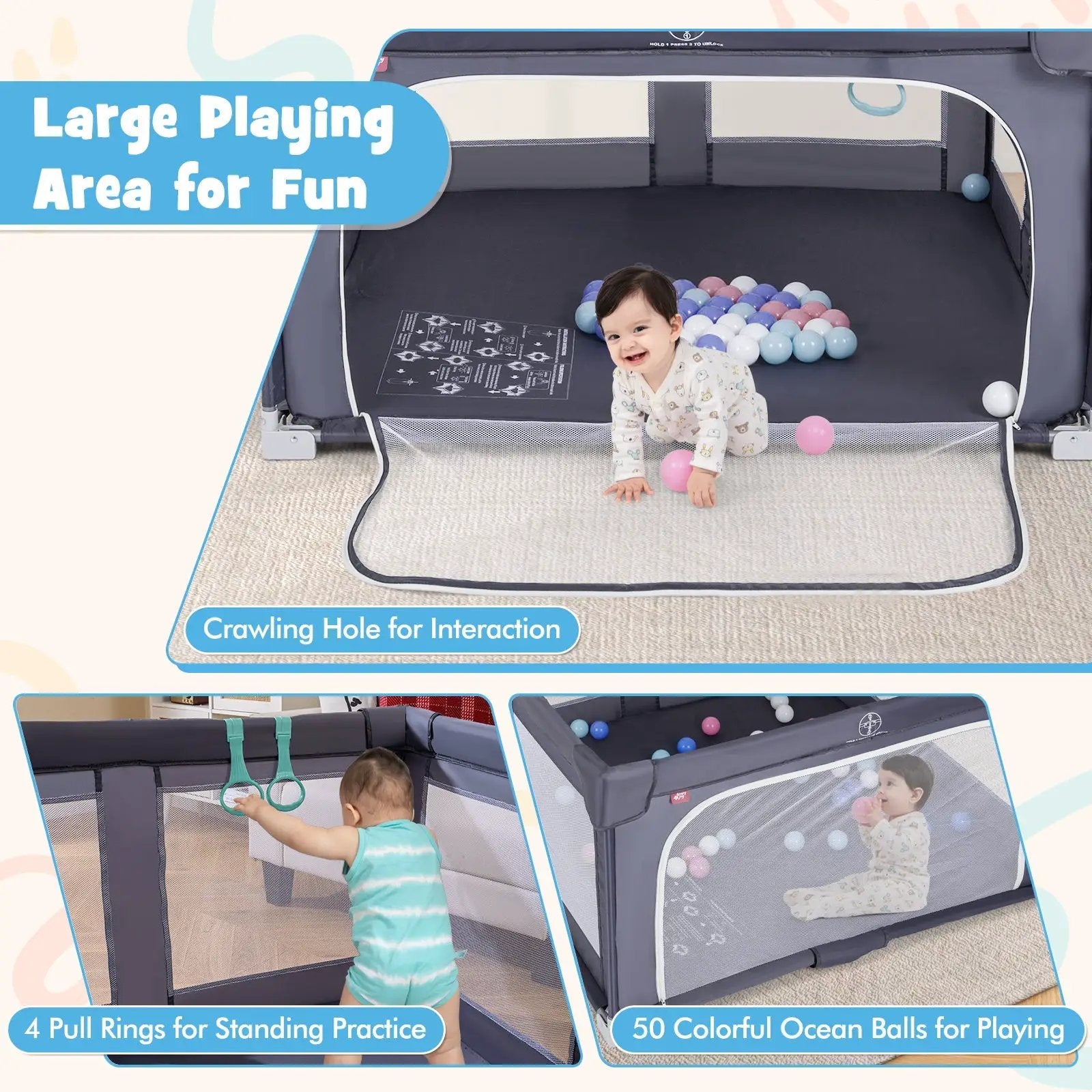 Large Baby Playpen BPA-Free Foldable Toddlers Safety Fence Play Yard-Dark Grey by DirectDeals