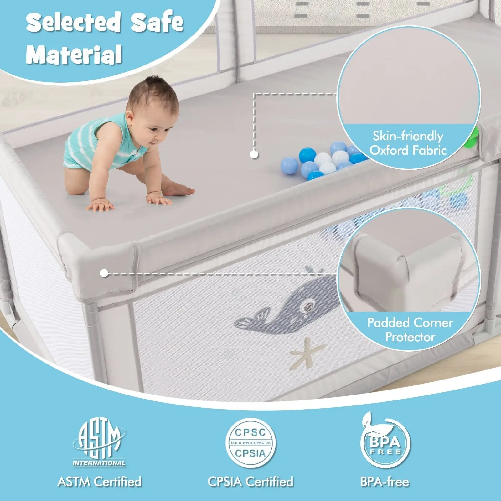 Large Baby Playpen with Pull Rings Ocean Balls and Cute Pattern by DirectDeals