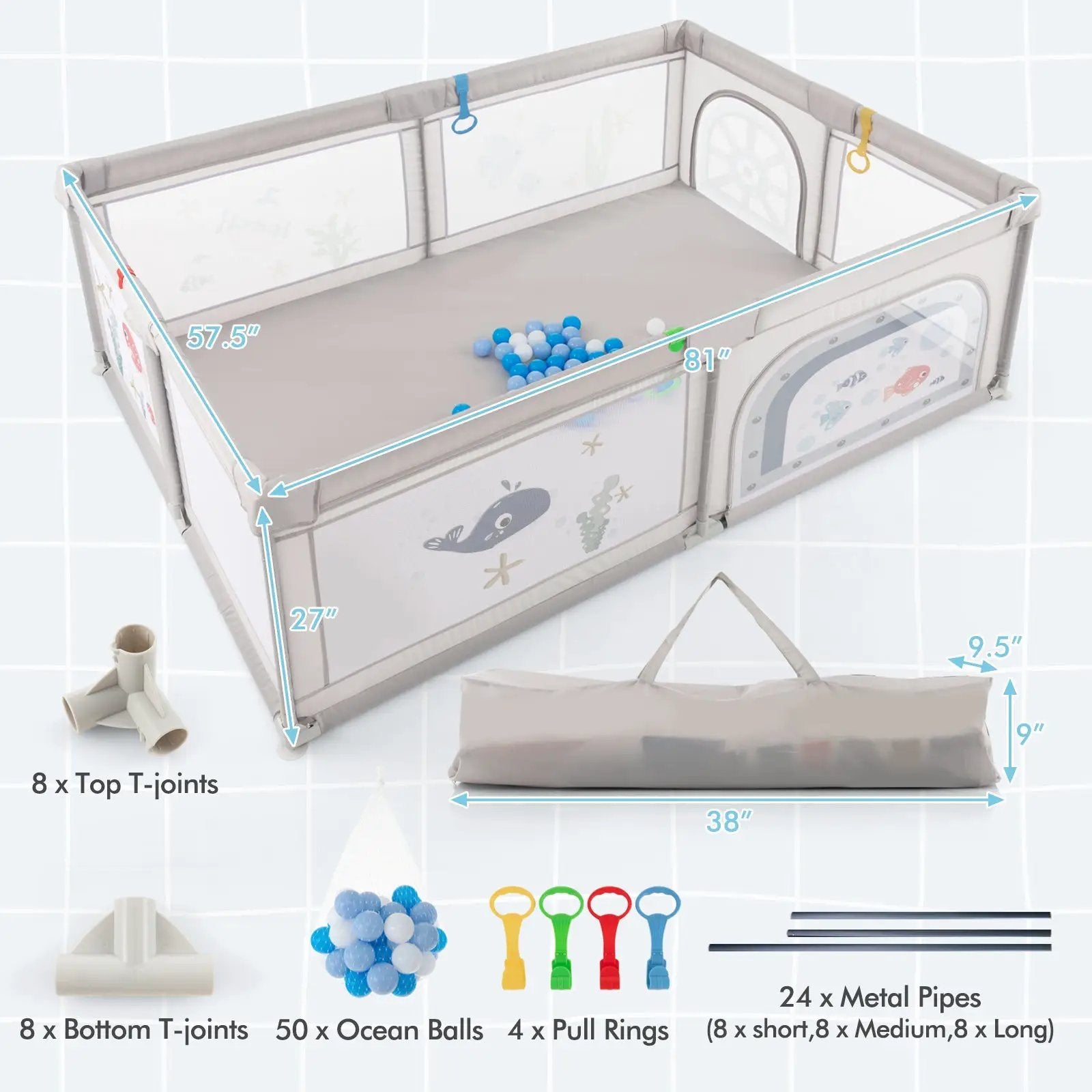 Large Baby Playpen with Pull Rings Ocean Balls and Cute Pattern by DirectDeals