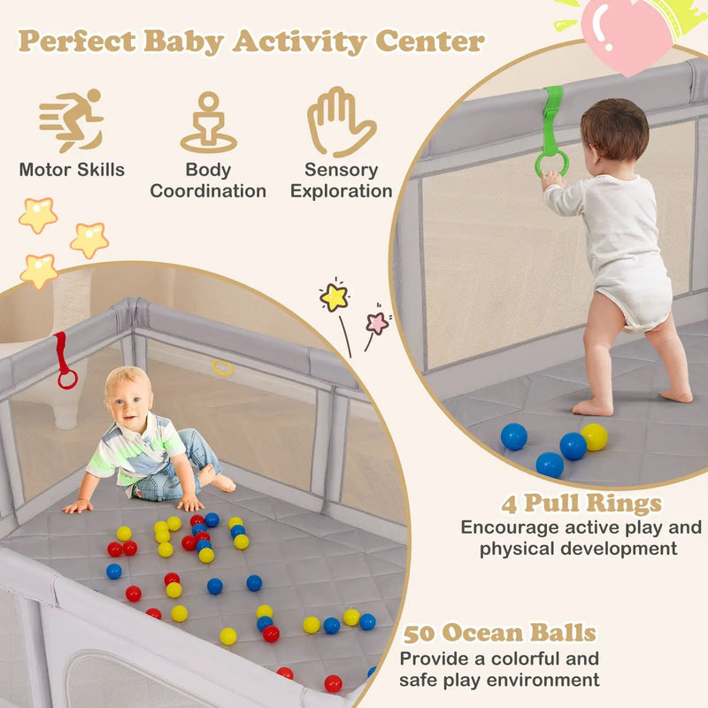 Large Baby Playpen with Pull Rings and Ocean Balls-Gray by DirectDeals